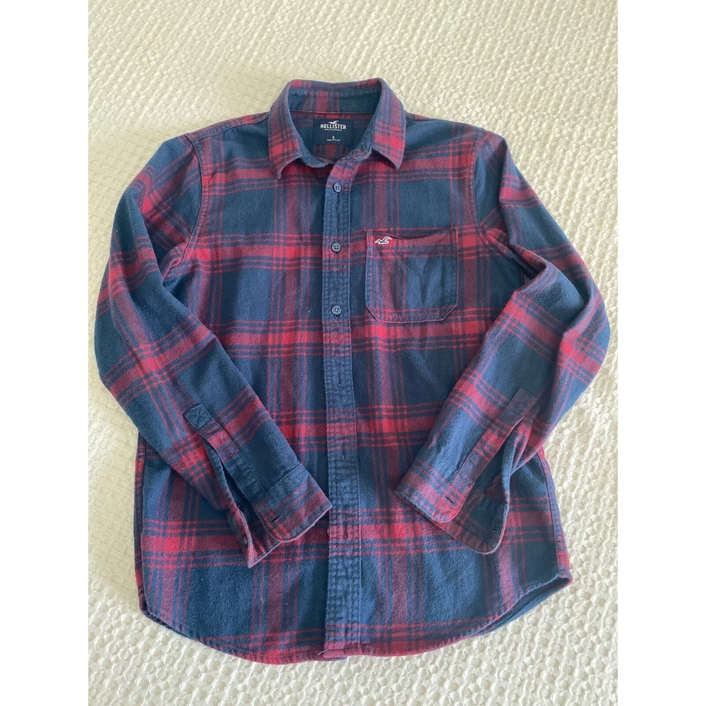 Hollister Mens Flannel‎ Shirt Red Blue Plaid Long Sleeve Button Down Casual